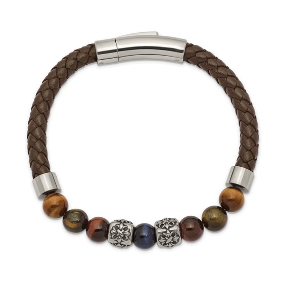 Chisel Stainless Steel Antiqued and Polished MultiColor Tiger's Eye Beads Brown Leather 8.5 inch Bracelet