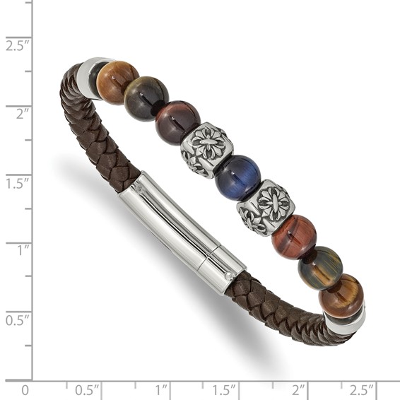 Chisel Stainless Steel Antiqued and Polished MultiColor Tiger's Eye Beads Brown Leather 8.5 inch Bracelet