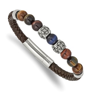 Chisel Stainless Steel Antiqued and Polished MultiColor Tiger's Eye Beads Brown Leather 8.5 inch Bracelet
