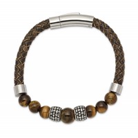 Chisel Stainless Steel Antiqued and Polished Tiger's Eye Beads Brown Leather Bracelet, 8.5" view 2