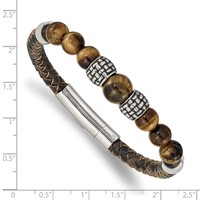 Chisel Stainless Steel Antiqued and Polished Tiger's Eye Beads Brown Leather Bracelet, 8.5" view 3