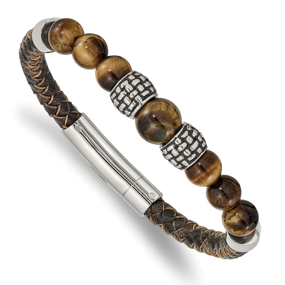 Stainless Steel Antiqued and Polished Tiger's Eye Leather 8.5in Bracelet