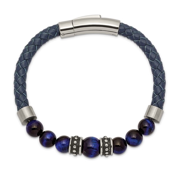 Chisel Stainless Steel Antiqued and Polished Blue Tiger's Eye Beads Blue Leather 8.25 inch Bracelet