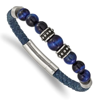 Chisel Stainless Steel Antiqued and Polished Blue Tiger's Eye Beads Blue Leather 8.25 inch Bracelet