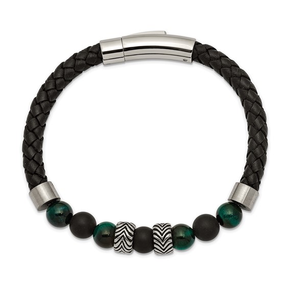 Chisel Stainless Steel Antiqued and Polished Black Agate and Green Tiger's Eye Beads Black Leather 8.5 inch Bracelet