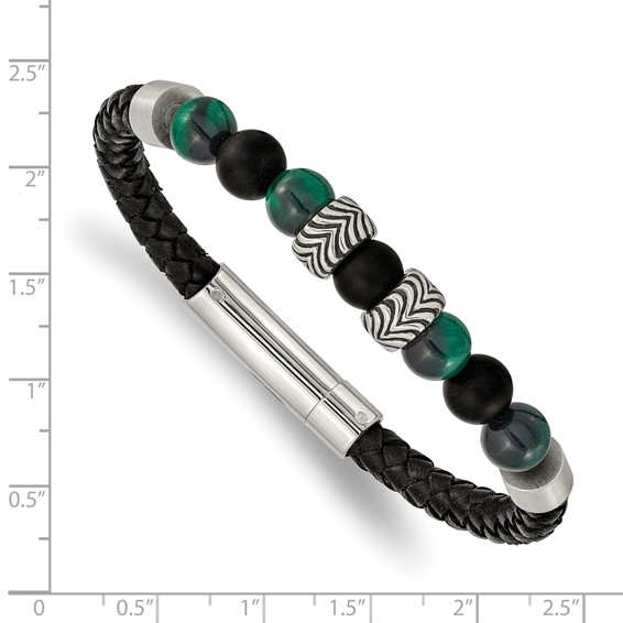 Chisel Stainless Steel Antiqued and Polished Black Agate and Green Tiger's Eye Beads Black Leather 8.5 inch Bracelet