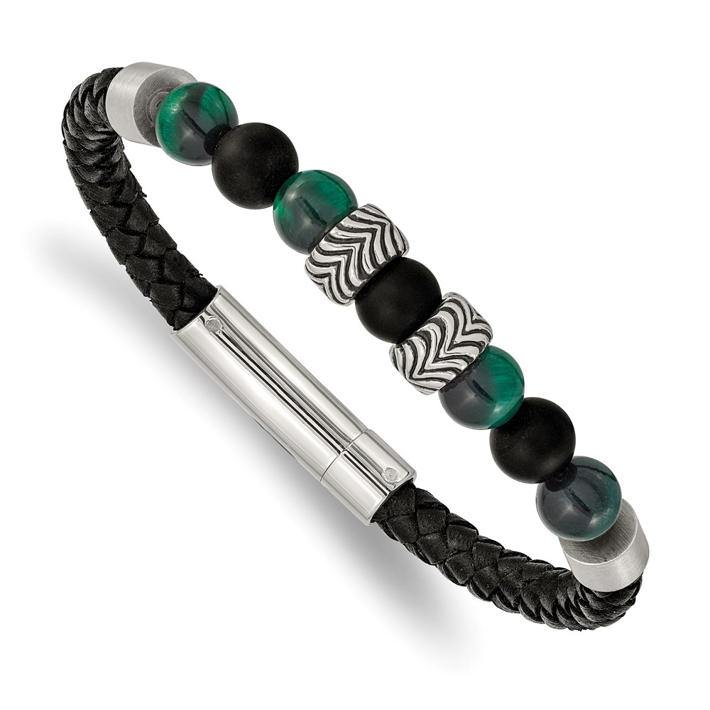 Stainless Steel Antiqued & Polished Black Agate/Green Tiger's Eye Leather B