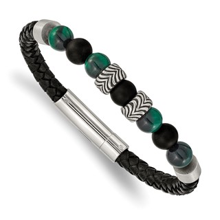 Chisel Stainless Steel Antiqued and Polished Black Agate and Green Tiger's Eye Beads Black Leather 8.5 inch Bracelet