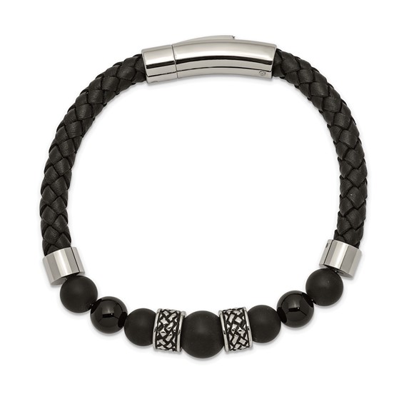 Chisel Stainless Steel Antiqued and Polished Black Agate Beads Black Leather 8.25 inch Bracelet