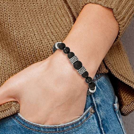 Chisel Stainless Steel Antiqued and Polished Black Agate Beads Black Leather 8.25 inch Bracelet