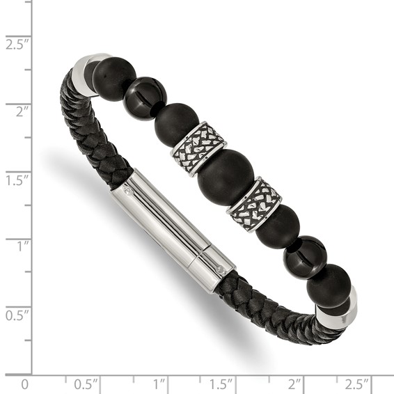 Chisel Stainless Steel Antiqued and Polished Black Agate Beads Black Leather 8.25 inch Bracelet