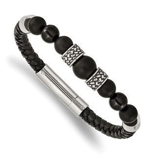 Chisel Stainless Steel Antiqued and Polished Black Agate Beads Black Leather 8.25 inch Bracelet