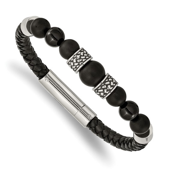 Chisel Stainless Steel Antiqued and Polished Black Agate Beads Black Leather 8.25 inch Bracelet