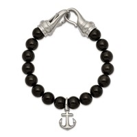 Chisel Stainless Steel Brushed Anchor Black Agate Beaded Bracelet, 8" view 2