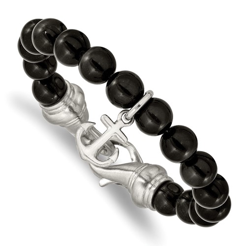 Chisel Stainless Steel Brushed Anchor Black Agate Beaded Bracelet, 8"