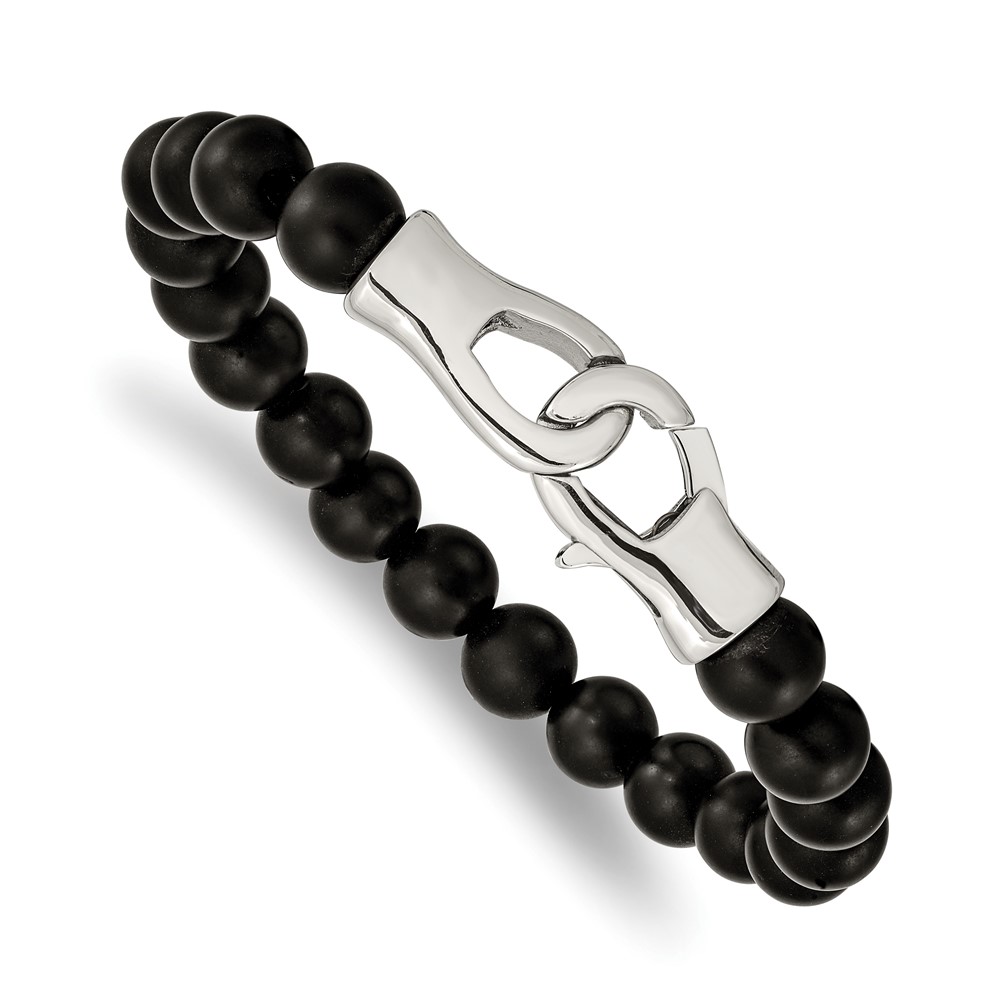 Stainless Steel Polished Black Agate Beaded 9in Bracelet