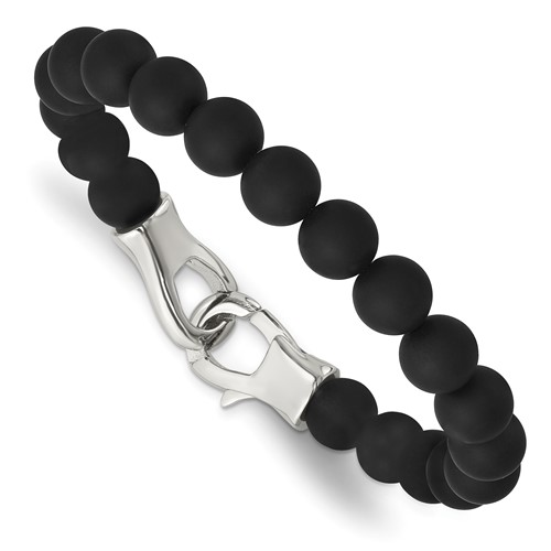 Chisel Stainless Steel Polished Black Agate Beaded Bracelet, 9"