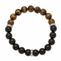 Chisel Stainless Steel Polished 10.5mm Black Agate and Tiger's Eye Beaded Stretch Bracelet view 2