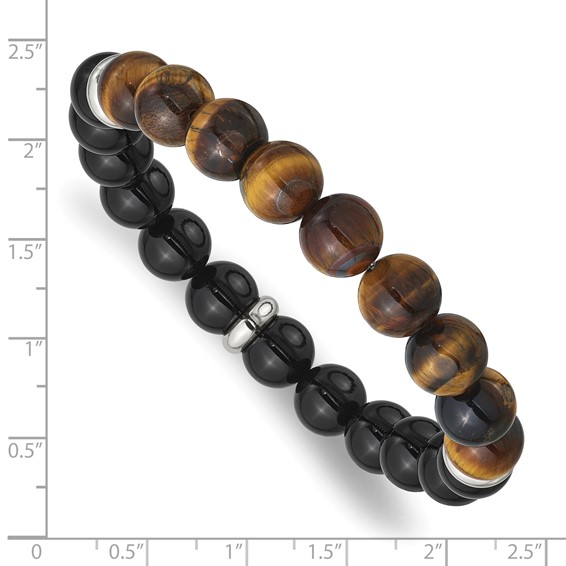 Chisel Stainless Steel Polished 10.5mm Black Agate and Tiger's Eye Beaded Stretch Bracelet