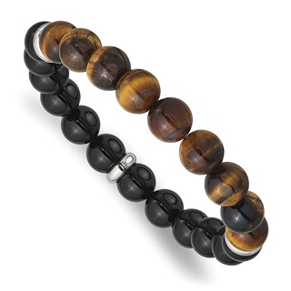 Chisel Stainless Steel Polished 10.5mm Black Agate and Tiger's Eye Beaded Stretch Bracelet