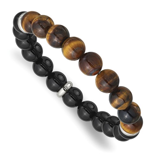 Chisel Stainless Steel Polished 10.5mm Black Agate and Tiger's Eye Beaded Stretch Bracelet