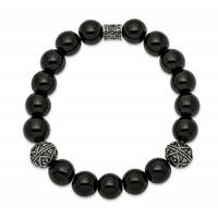 Chisel Stainless Steel Antiqued and Polished 10mm Black Agate Beaded Stretch Bracelet view 2