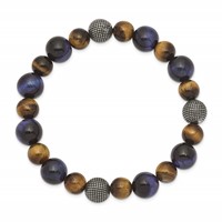 Chisel Stainless Steel Antiqued and Polished 8-10mm Brown and Blue Tiger's Eye Beaded Stretch Bracelet view 2