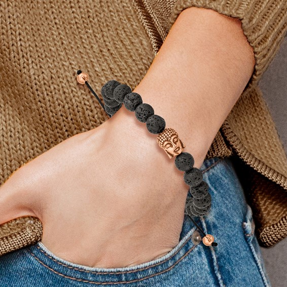Chisel Stainless Steel Antiqued and Polished Rose IP-plated Buddha Lava Stone Black Macrame Adjustable Bracelet