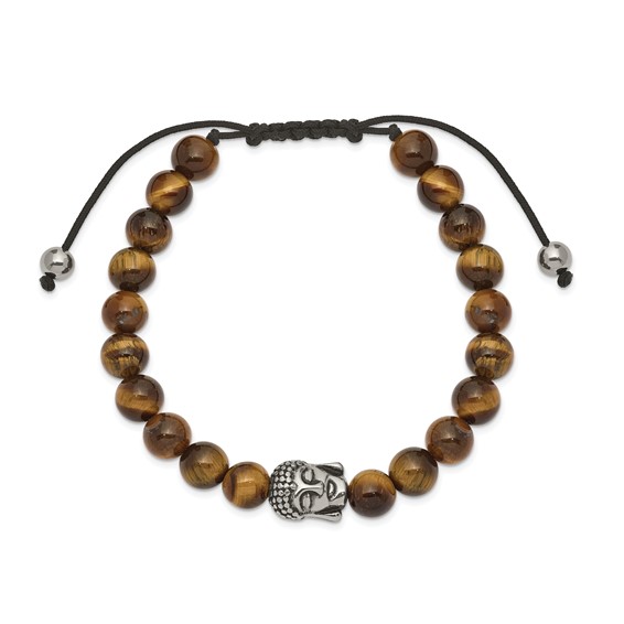 Chisel Stainless Steel Antiqued and Polished Tiger's Eye Buddha Black Macrame Adjustable Bracelet