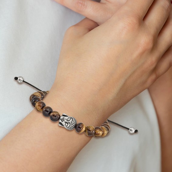Chisel Stainless Steel Antiqued and Polished Tiger's Eye Buddha Black Macrame Adjustable Bracelet