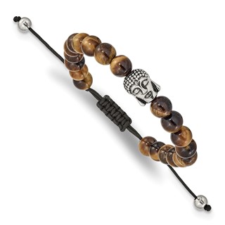 Chisel Stainless Steel Antiqued and Polished Tiger's Eye Buddha Black Macrame Adjustable Bracelet