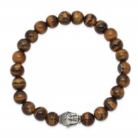 Chisel Stainless Steel Antiqued and Polished Buddha 8mm Tiger's Eye Beaded Stretch Bracelet view 2
