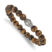Chisel Stainless Steel Antiqued and Polished Buddha 8mm Tiger's Eye Beaded Stretch Bracelet view 1