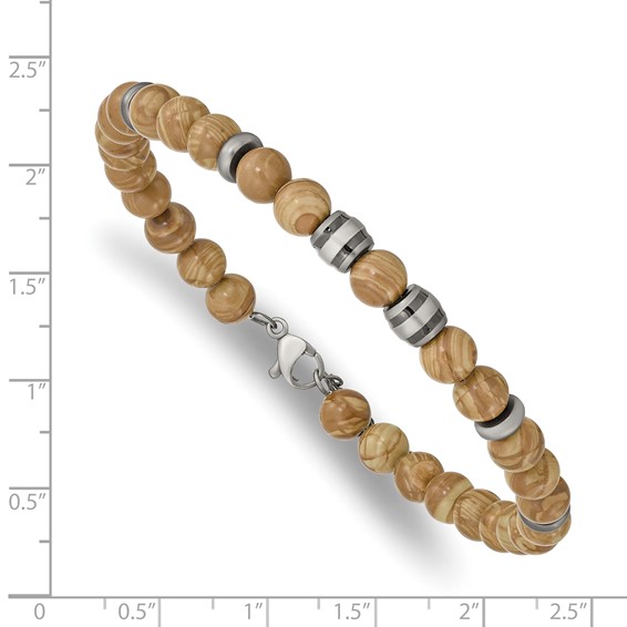 Chisel Stainless Steel Antiqued White Bronze Plated with Grain Stone Beads 8 inch Bracelet with 1 inch Extension