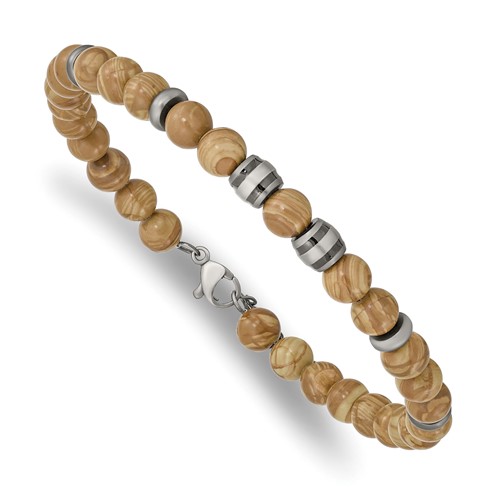 Chisel Stainless Steel Antiqued White Bronze Plated with Grain Stone Beads Bracelet with 1 Inch Extension, 8"