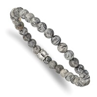 Chisel Stainless Steel Polished 6mm Grey Jasper Beaded Stretch Bracelet view 1