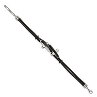 Chisel Stainless Steel Polished Sideways Crosses 2 Strand Black Leather Bracelet, 8.25" view 3