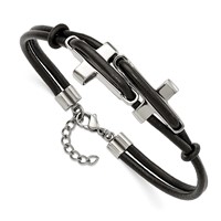 Chisel Stainless Steel Polished Sideways Crosses 2 Strand Black Leather Bracelet, 8.25" view 4