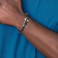 Chisel Stainless Steel Polished Sideways Crosses 2 Strand Black Leather Bracelet, 8.25" view 5