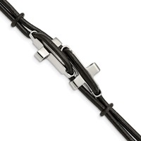 Chisel Stainless Steel Polished Sideways Crosses 2 Strand Black Leather Bracelet, 8.25" view 1
