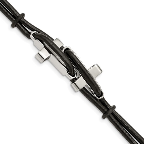 Chisel Stainless Steel Polished Sideways Crosses 2 Strand Black Leather Bracelet, 8.25"