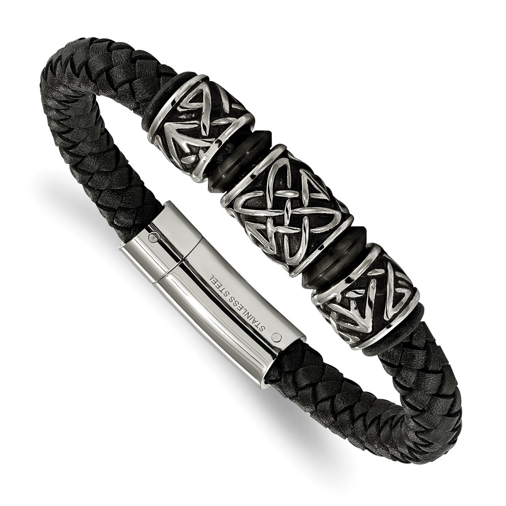 Stainless Steel Antiqued & Polished Black IP Bead Braided Leather Bracelet