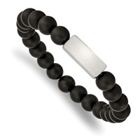 Chisel Stainless Steel Brushed ID Plate 8mm Black Agate Beaded Stretch Bracelet view 1