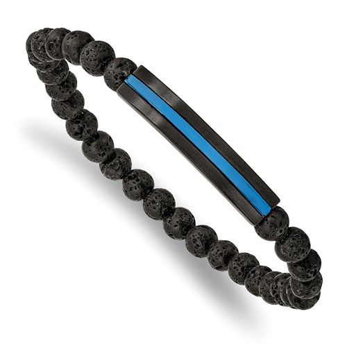 Chisel Stainless Steel Brushed and Polished Black and Blue IP-plated Bracelet with 6mm Lava Stone Beaded Stretch