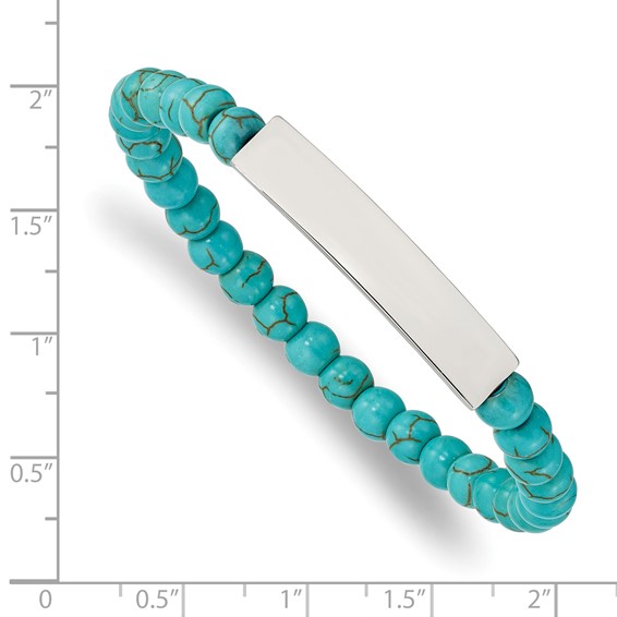 Chisel Stainless Steel Polished ID Plate 6mm Reconstructed Turquoise Beaded Stretch Bracelet