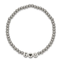 Chisel Stainless Steel Antiqued and Polished I Heart U 4mm Beaded Stretch Bracelet view 2