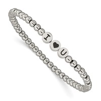 Chisel Stainless Steel Antiqued and Polished I Heart U 4mm Beaded Stretch Bracelet view 1