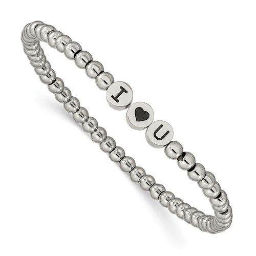 Chisel Stainless Steel Antiqued and Polished I Heart U 4mm Beaded Stretch Bracelet