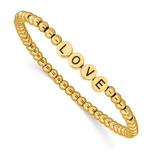 Chisel Stainless Steel Antiqued and Polished Yellow IP-plated Love 4mm Beaded Stretch Bracelet