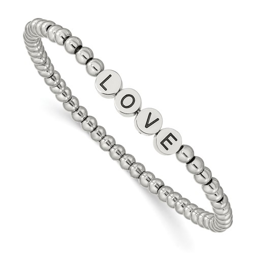 Chisel Stainless Steel Antiqued and Polished Love 4mm Beaded Stretch Bracelet